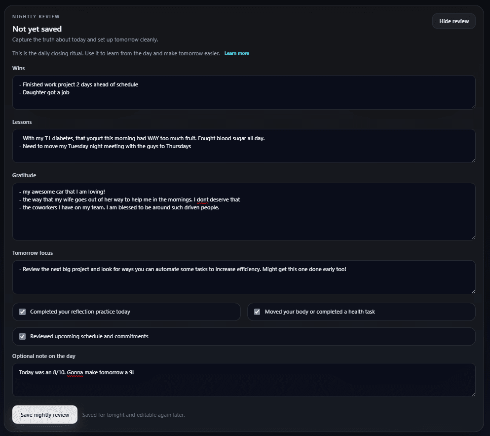 Nightly review flow inside Outcome OS