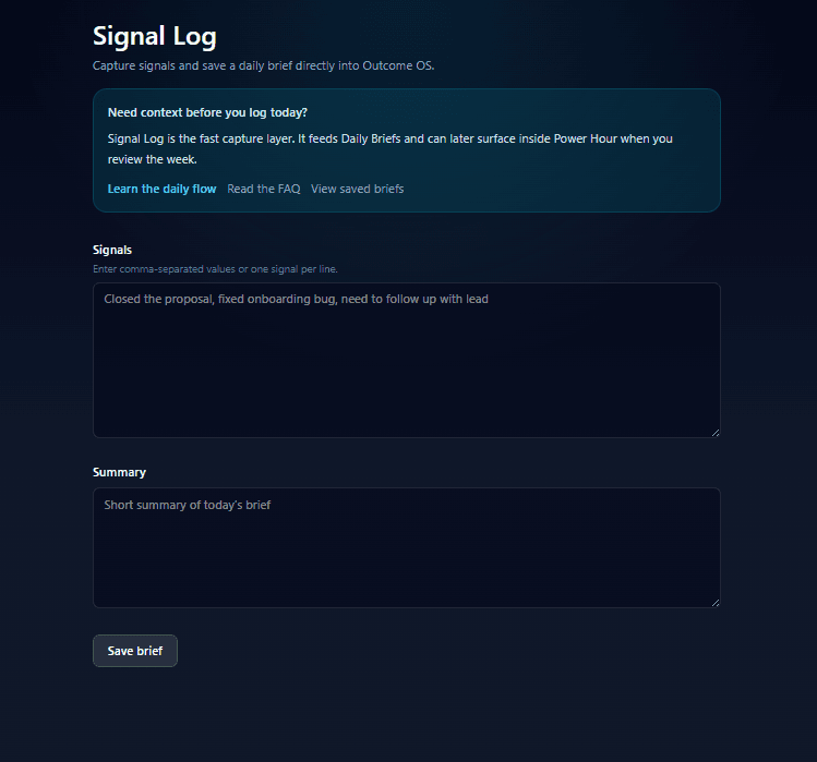 Outcome OS signal log screenshot